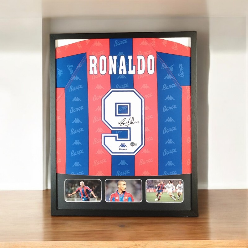 Ronaldo Nazario's Barcelona Signed Shirt in a Deluxe High-Quality Frame