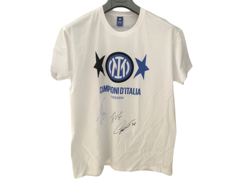 Official Inter Milan Scudetto T-Shirt, 2023/24 - Signed by Lautaro, Thuram e Dimarco