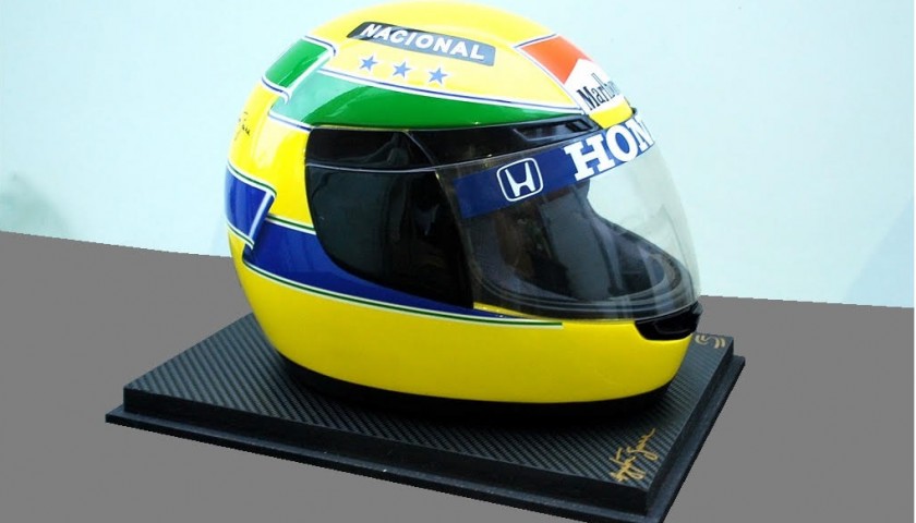 Ayrton Senna's Replica Helmet and Limited Edition Badge Pin Collection
