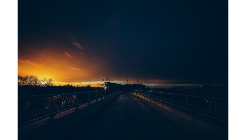 Framed Sunset over the Etihad Stadium Photograph
