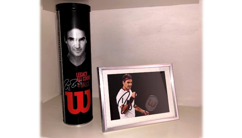Roger Federer Signed Photograph + Tube of Tennis Balls