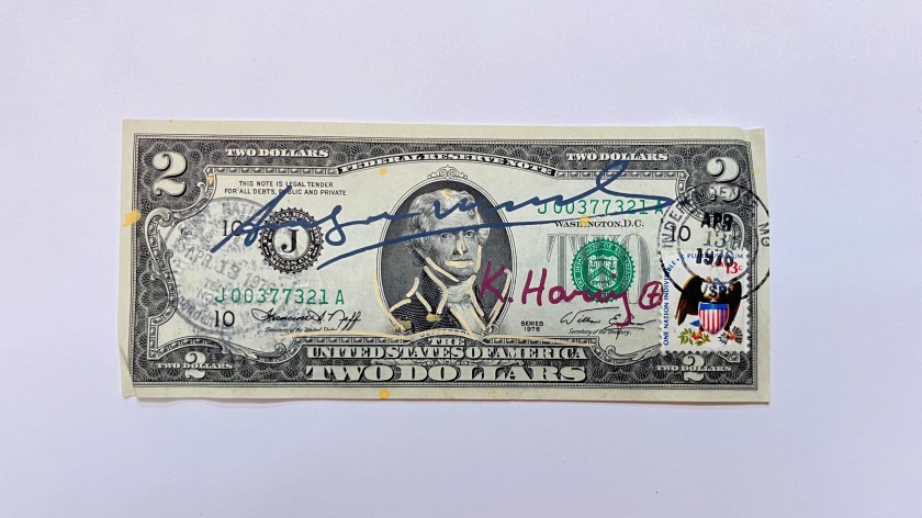 Two-Dollar Bill Hand Signed by Keith Haring and Andy Warhol