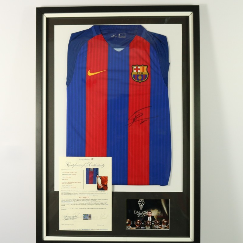 Official Barcelona Shirt, 2016/17 - Signed by Lionel Messi and framed