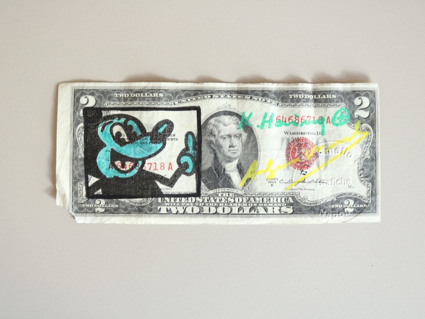 Two-Dollar Bill Hand Signed by Keith Haring and Andy Warhol