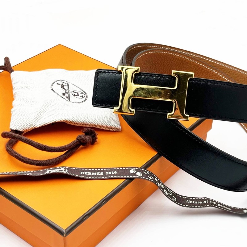 Hermes Gold H Black Brown Reversible Belt 