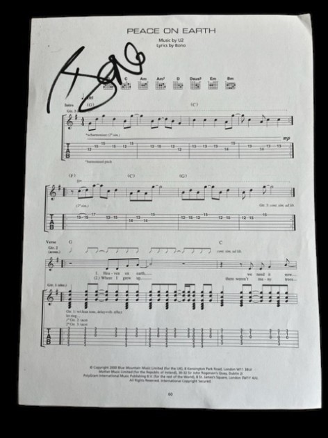 Bono Signed U2 'Peace On Earth' Sheet Music