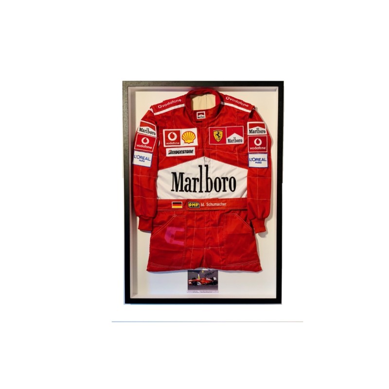 Michael Schumacher 2002 Ferrari Replica Race Suit with Signed Card and Frame