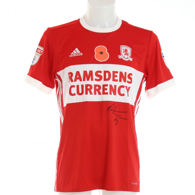 Marcus Tavernier's Middlesbrough Signed Home Poppy Shirt