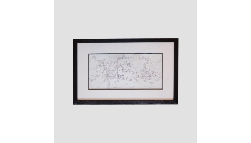 George Cunningham Framed Original Ink Sketch Back Street Castleton