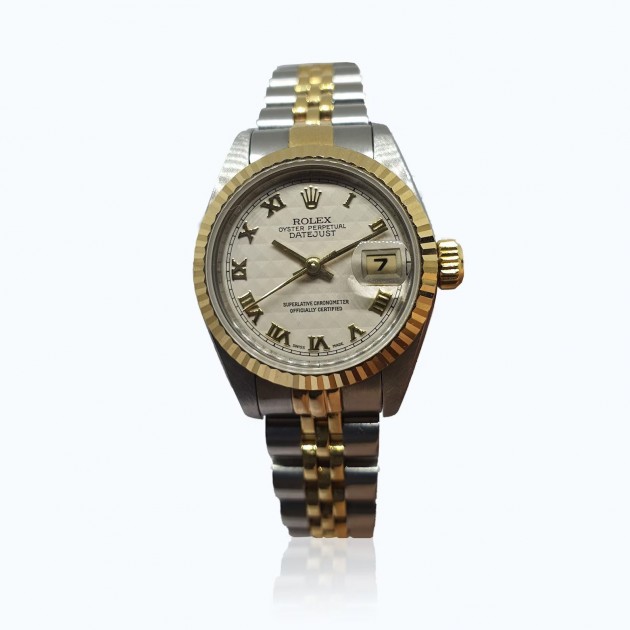 Two Tone 18K Yellow Gold and Steel Pyramid Roman Dial Rolex Datejust Watch