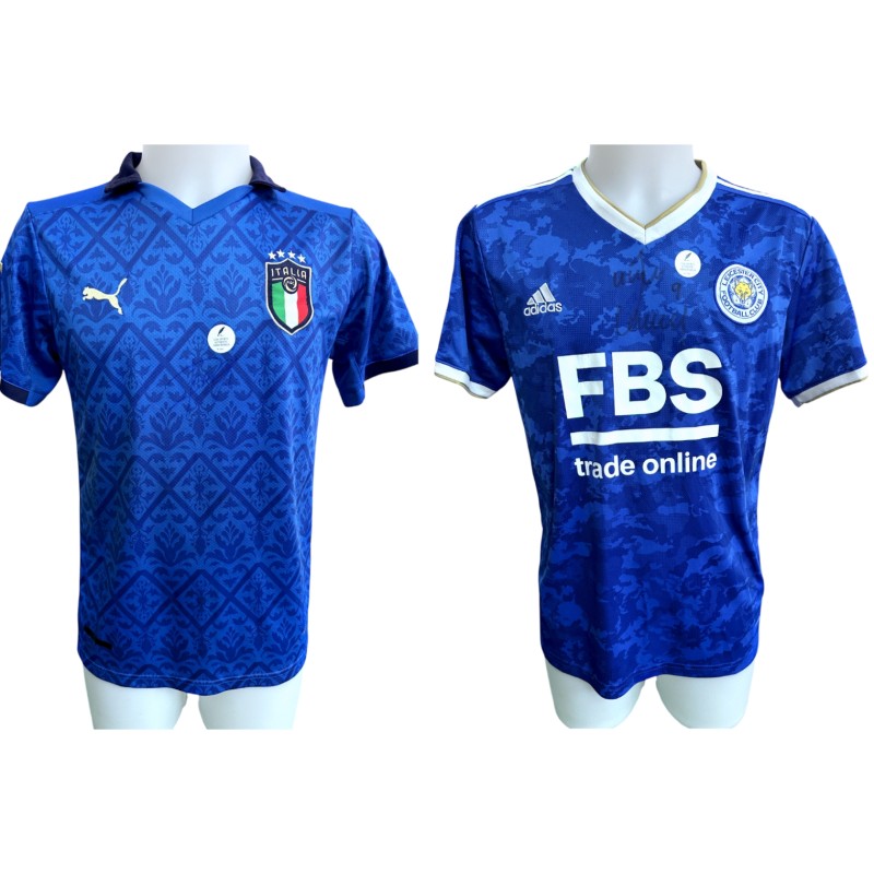 Collection of Two Italy and Leicester Replica Shirts - Signed by Pio Esposito and Jamie Vardy