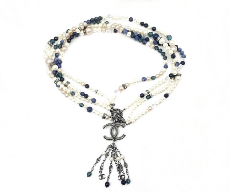 Chanel Pearl and Blue Crystals Necklace