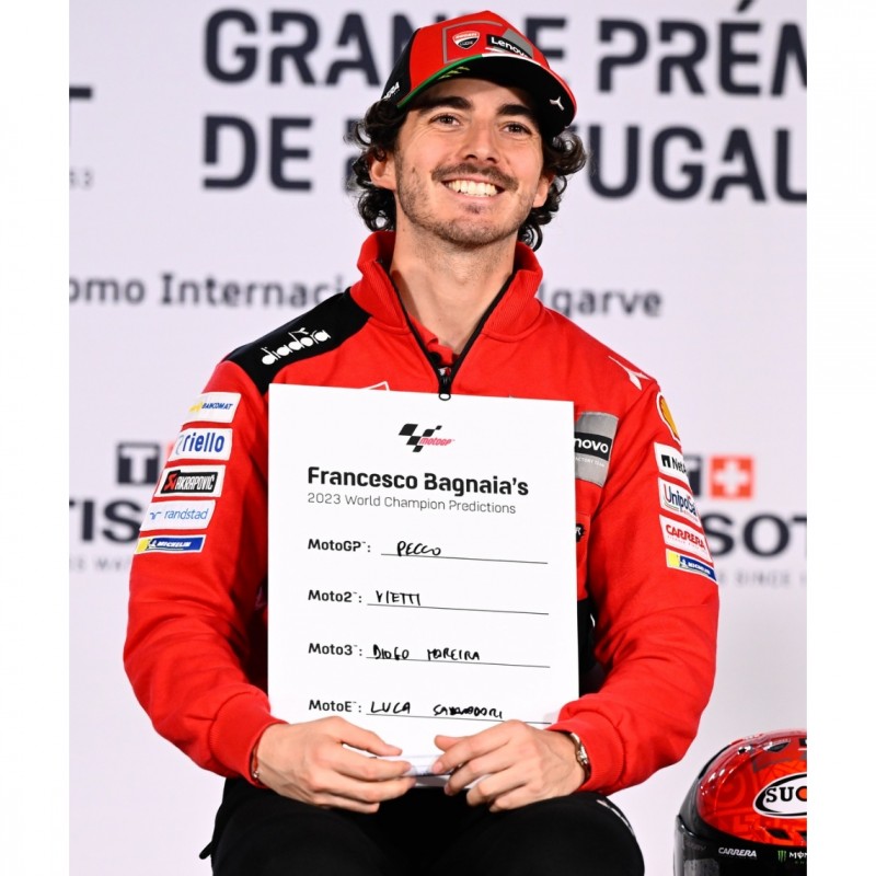 Francesco Bagnaia's Signed 2023 World Champion Predictions Board from the First Official Press Conference of the 2023 MotoGP™ Season