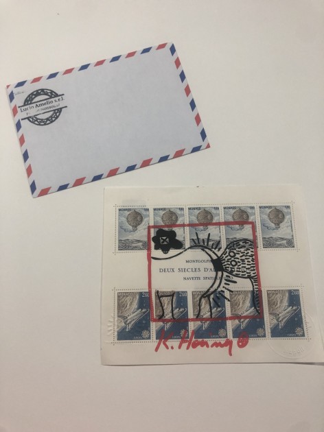 Drawing by Keith Haring on Sheet of Stamps