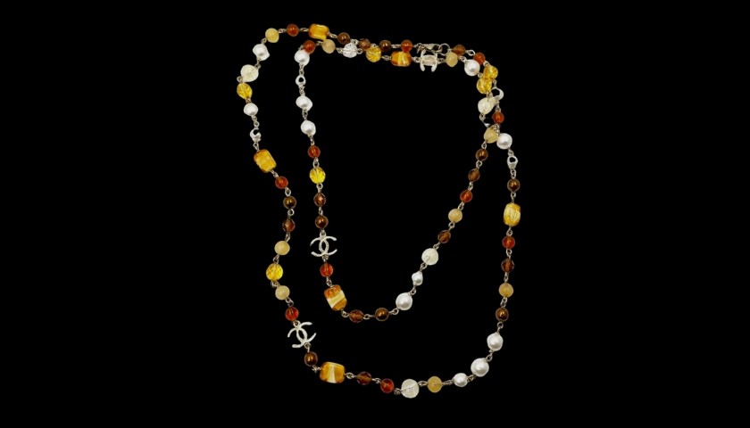 Chanel Gold CC Faux Amber Brown Stone Long Necklace - CharityStars