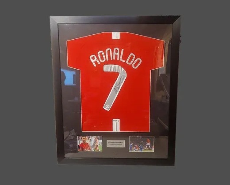 Maglia firmata e incorniciata di Cristiano Ronaldo della finale di Champions League 2008 del Manchester United