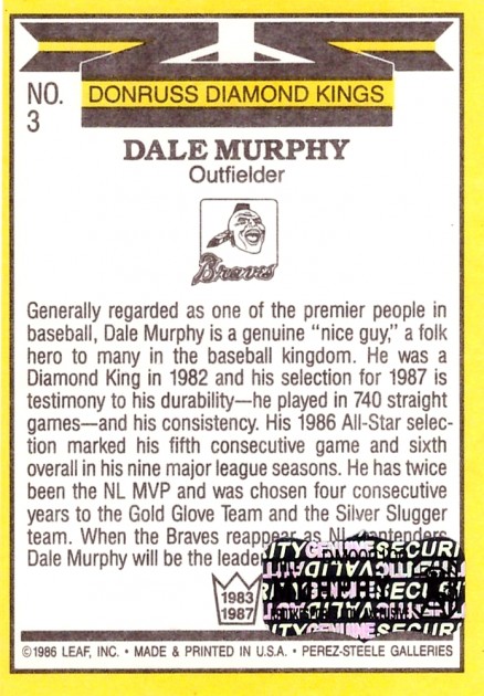 Dale Murphy Signed 1986 Atlanta Braves Baseball Card - CharityStars