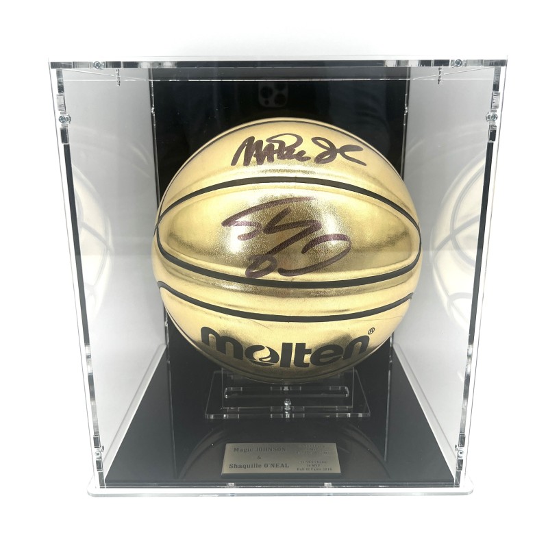 Shaquille O'Neal and Magic Johnson Signed Basketball in Display Case