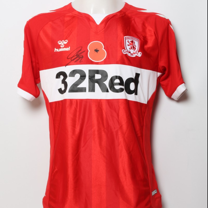 Rudy Gestede's Middlesbrough Worn and Signed Home Poppy Shirt 