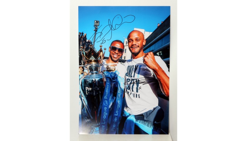 Signed Picture of Manchester City's Vincent Kompany and Fernandinho at Champions' Parade 2018