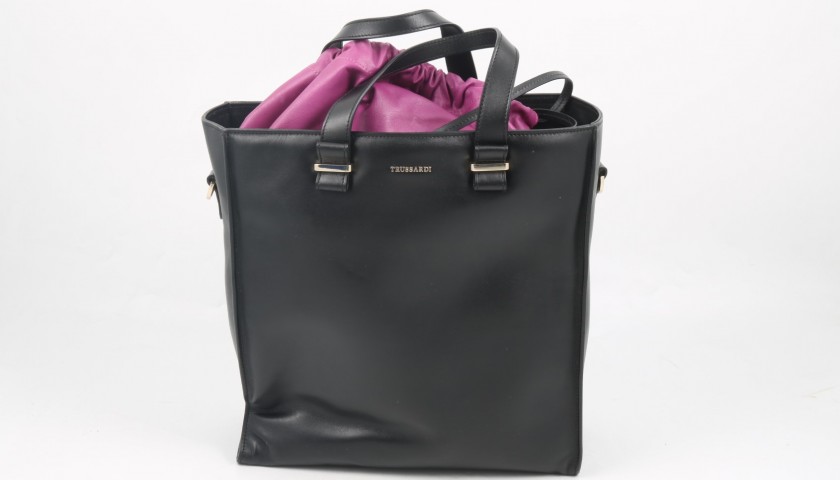 Black Leather Trussardi Bag with Contrasting Violet Sack
