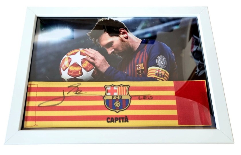 Barcelona Framed Captain's Armband, 2018/19 - Signed by Lionel Messi