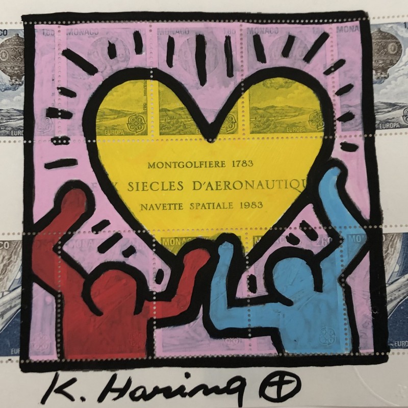 Drawing by Keith Haring on Sheet of Stamps