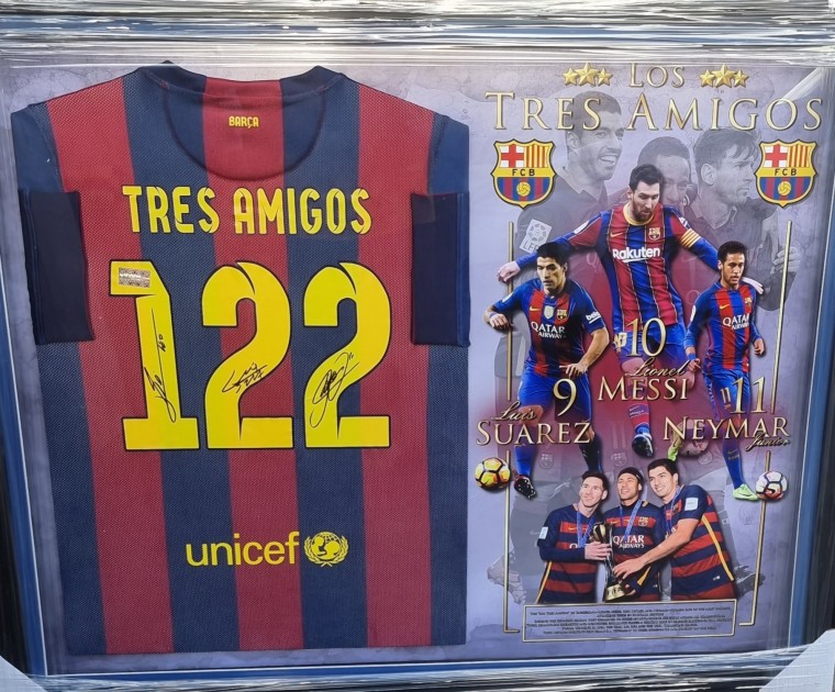 Lionel Messi. Neymar Jr And Luis Suarez Tres Amigos FC Barcelona Signed And Framed Shirt