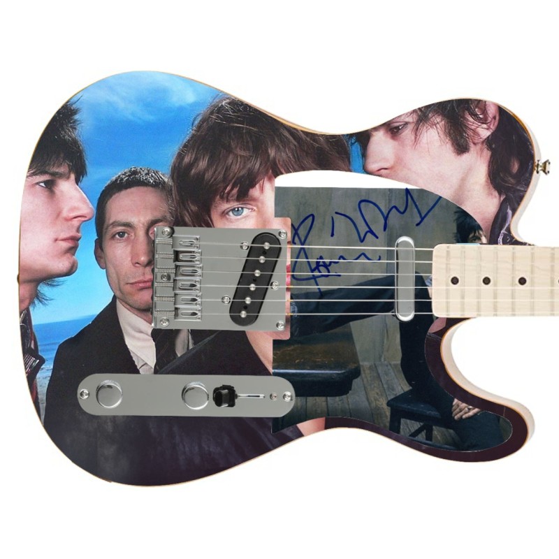 Chitarra Fender con grafica personalizzata autografata da Ronnie Wood dei Rolling Stones