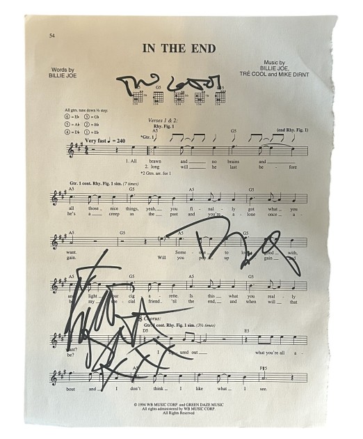 Green Day Signed 'In The End' Sheet Music