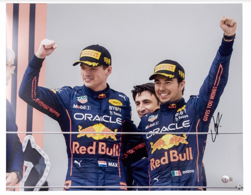 Sergio Perez Signed Podium Photograph with Max Verstappen 