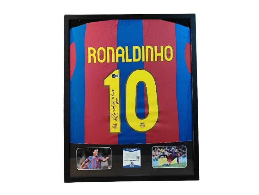 Ronaldinho's FC Barcelona Signed Shirt in a Deluxe High-Quality Frame