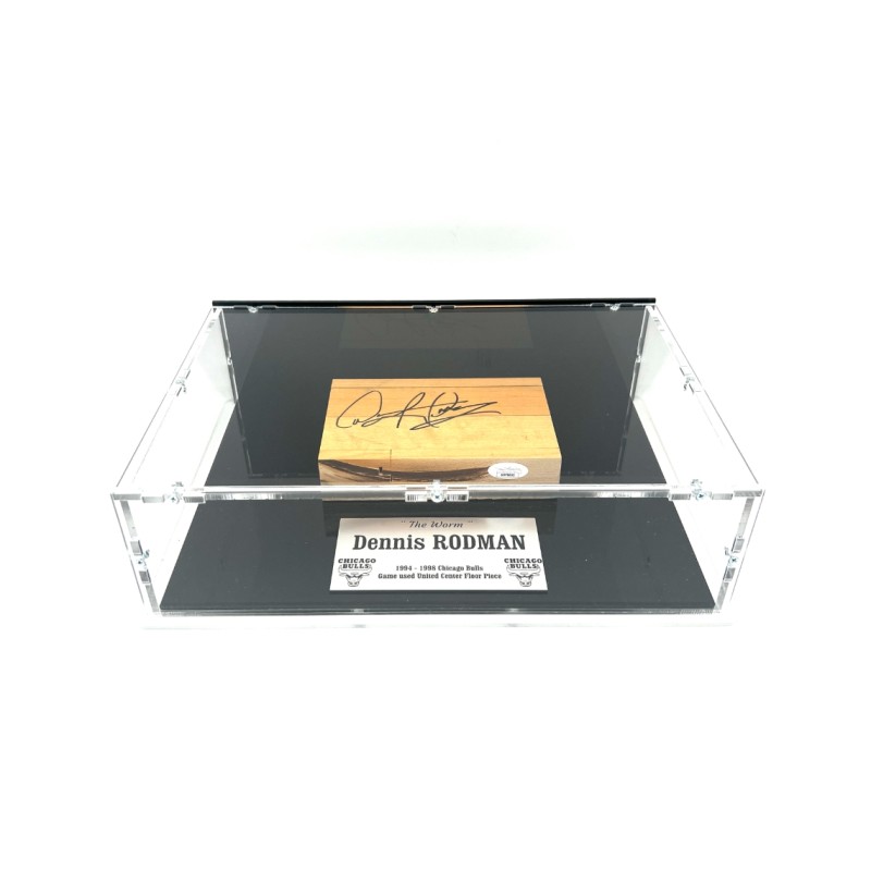 Dennis Rodman Signed Piece of Game Used Floor of the United Center with Display Case