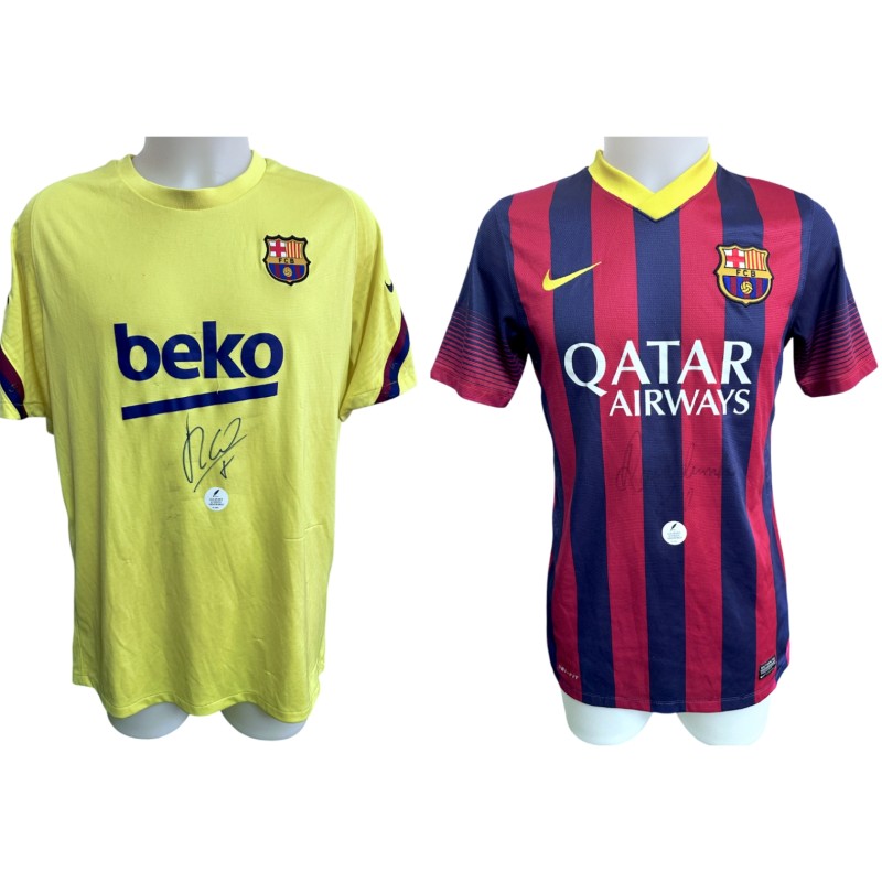 Collection of Two Barcelona Official Shirts - Signed by Luig Figo and Ronaldinho