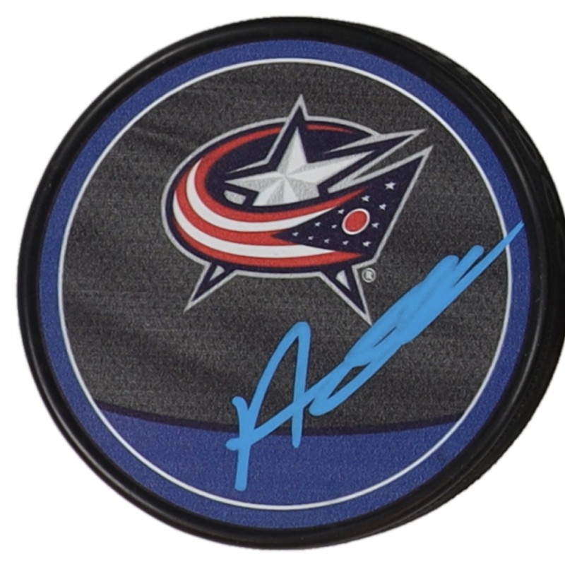 Alexandre Texier Signed Blue Jackets Logo Hockey Puck 