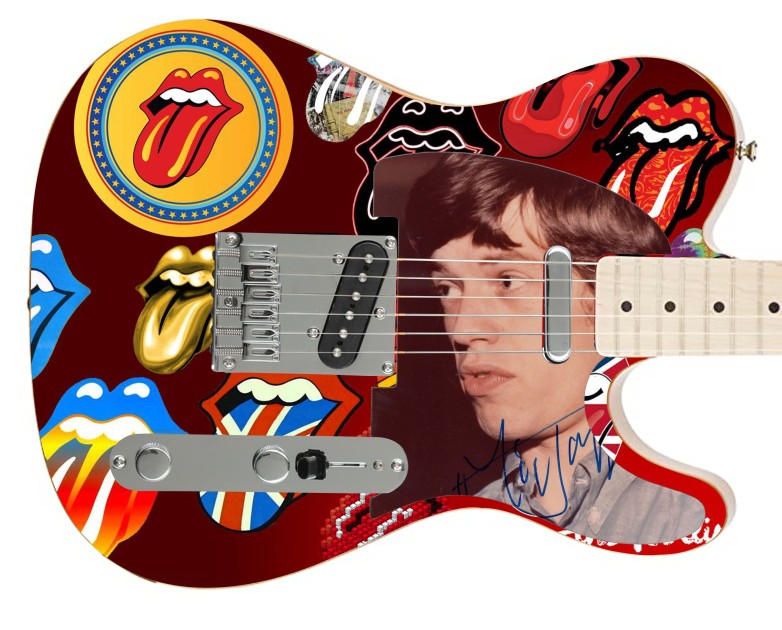 Mick Jagger dei Rolling Stones firma una chitarra grafica Fender personalizzata