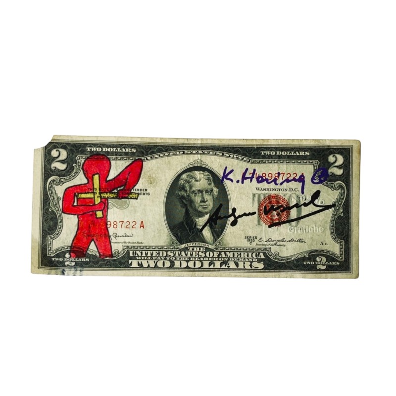 Due dollari firmati e disegnati a mano da Keith Haring e Andy Warhol