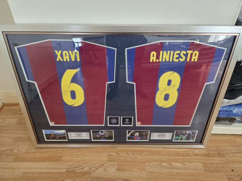 Xavi and Andrés Iniesta Signed and Framed FC Barcelona 2007-08 Retro Shirts