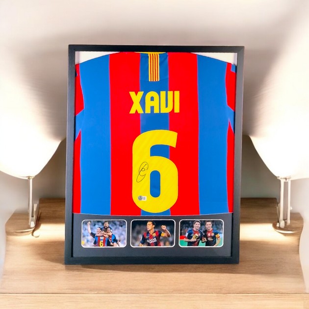 Maglia Barcellona di Xavi in cornice deluxe di alta qualità - Autografata