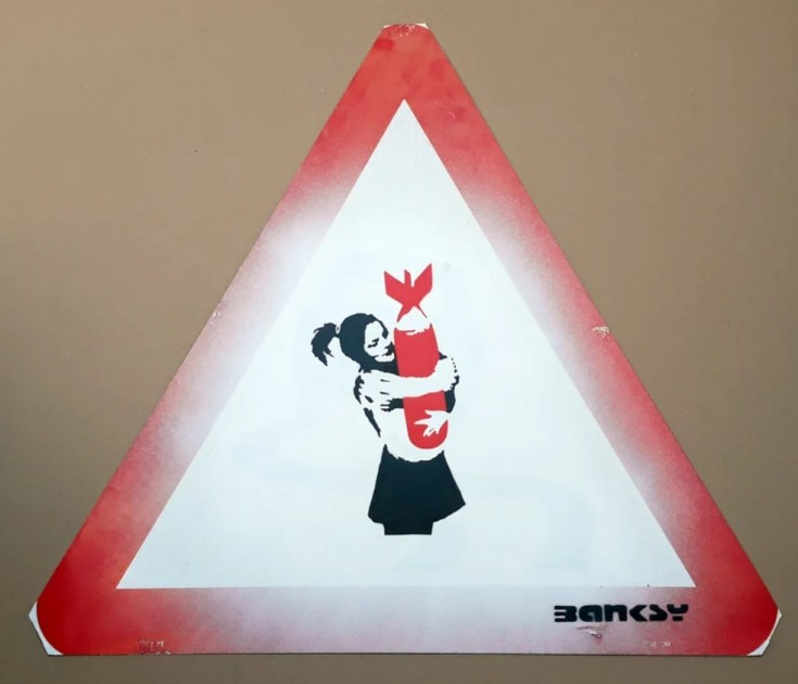 Banksy "Bomb Hugger" Metal Road Sign (Attributed)