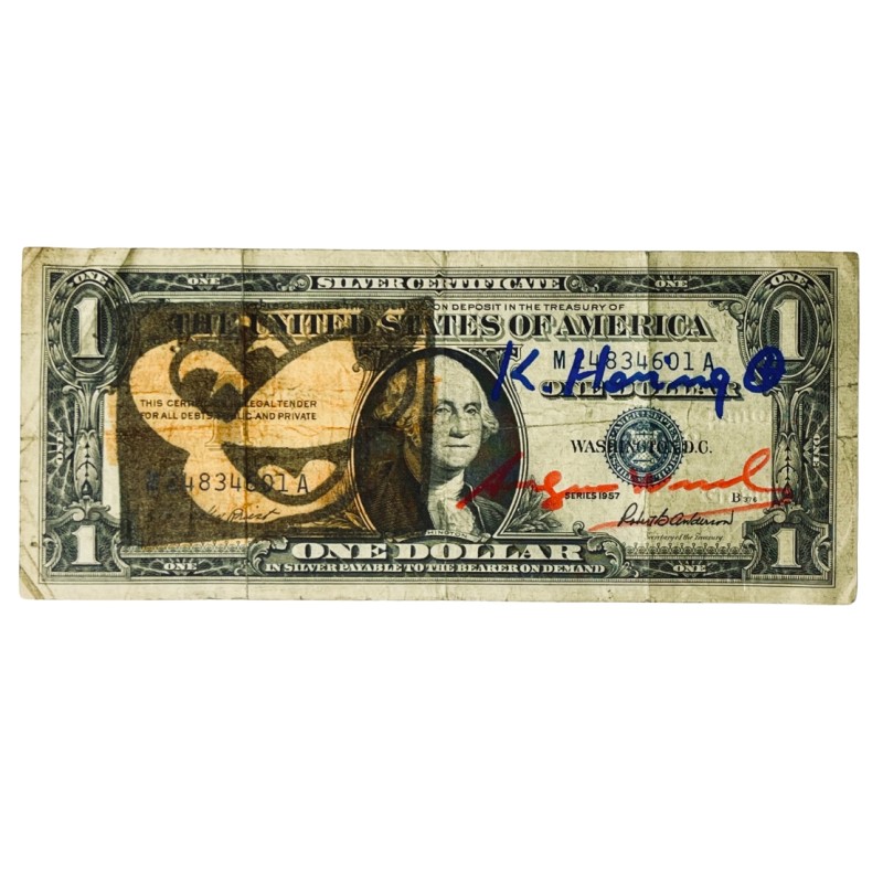 "One dollar" signed and hand-drawn Artwork by Keith Haring and Andy Warhol