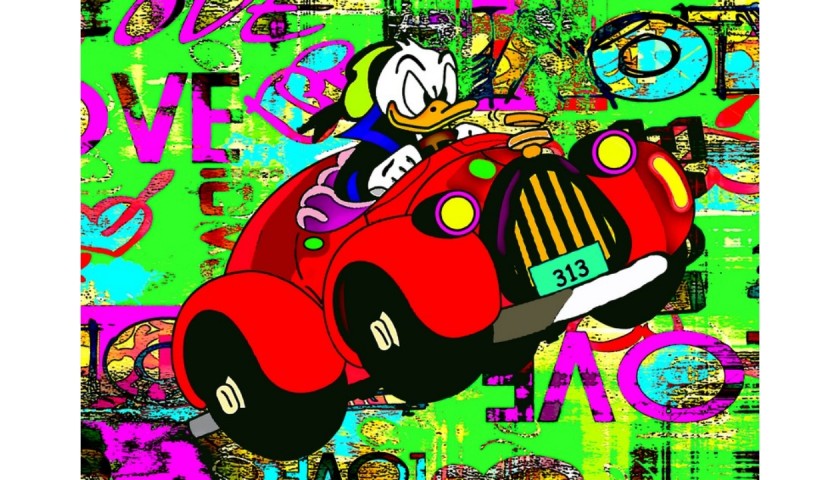 "Donald Duck and his car V02" Original Limited Edition Board by G.Karloff