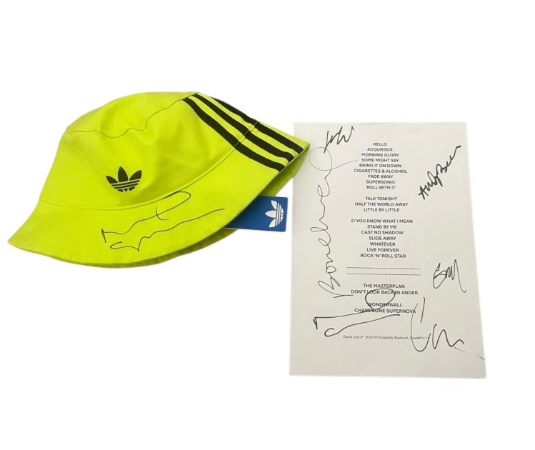 Oasis Noel Gallagher Signed Official Addidas Bucket Hat And Fully Signed Set List
