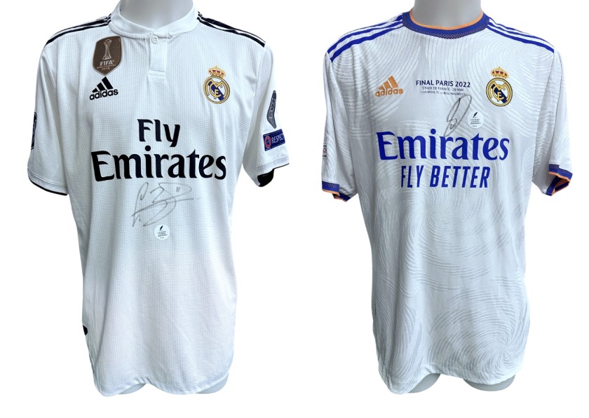 Collection of Two Real Madrid UCL Replica Shirts - Signed by Gareth Bale and Vinicius Junior