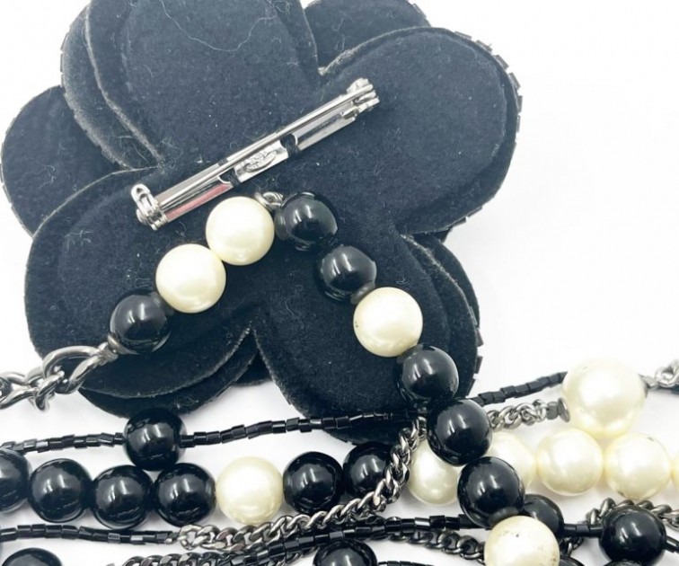 Chanel Black CC Black Flower Beaded Pearl Necklace - CharityStars