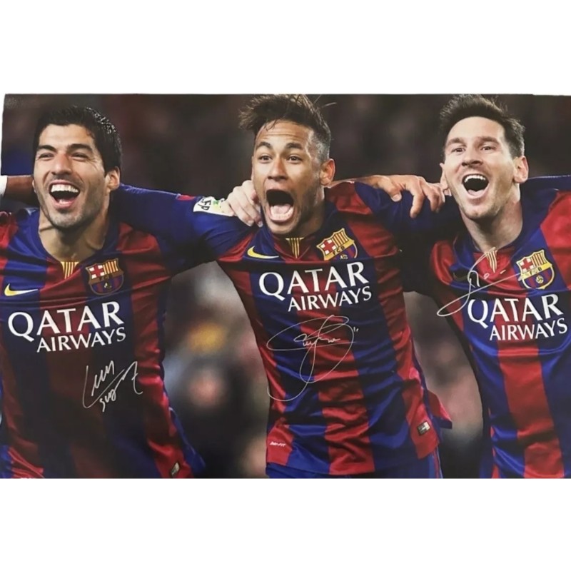 Neymar, Luis Suarez and Lionel Messi Signed Barcelona Photo