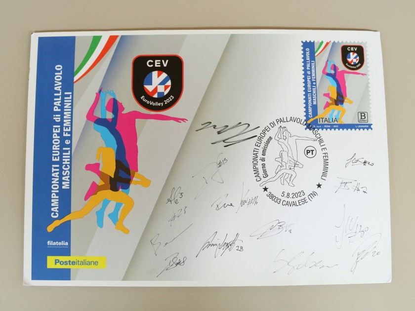 Riproduzione della Cartolina con annullo filatelico nel giorno di emissione del francobollo - autografato dalla Nazionale maschile di pallavolo
