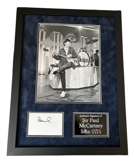 Paul McCartney of the Beatles Signed and Framed White Card With Photo Display