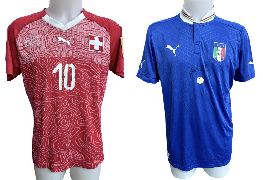 Collection of Two Italy and Switzerland Official and Replica Shirts - Signed by Xherdan Shaqiri and Gianluigi Buffon
