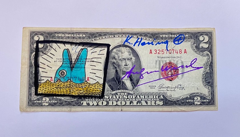 Two-Dollar Bill Hand Signed by Keith Haring and Andy Warhol